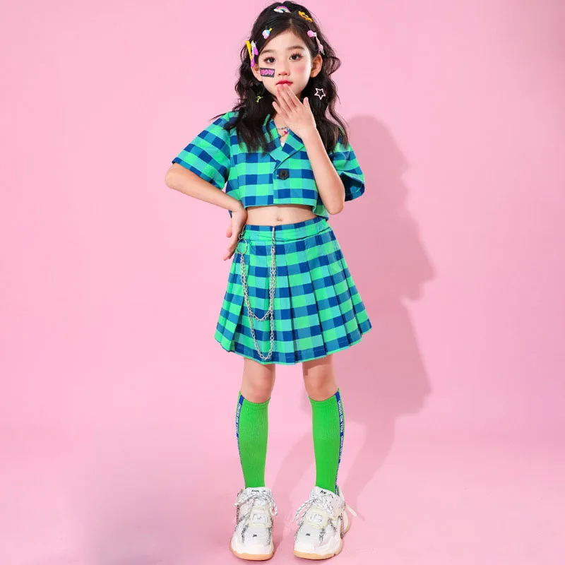 Kid Cute Hip Hop Clothing Green Checkered Short Sleeve Blazer Jacket Pleated Mini Skirt Set for Girl Jazz Dance Costume Clothes