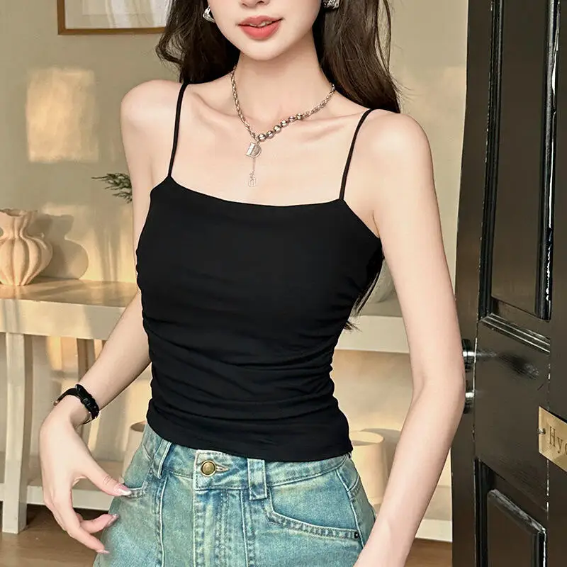 

Модный новый плиссированный топ-камизоль для женщин: легкий, приталенный, со встроенными чашечками, универсальный короткий топ