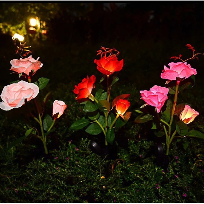 2 Pack Rose Solar Lamp Ground Outdoor Waterproof Yard Power LED Artificial Flower Light
