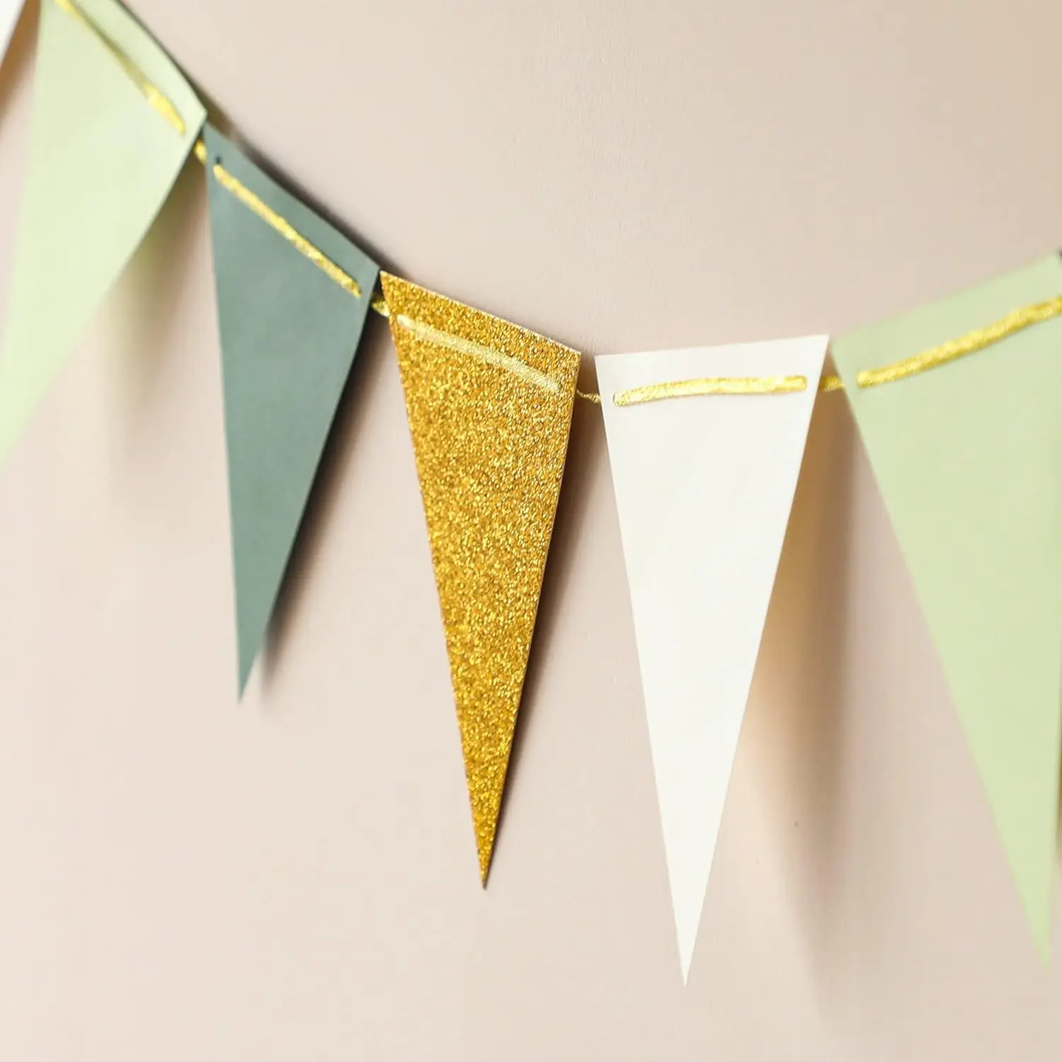 Large Gold Green(10 Feet), Paper Triangle Flags Bunting for Greenery Baby Shower Wedding Nursery Classroom Birthday Party