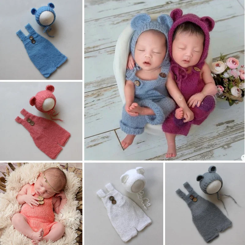 New Born Baby Crochet Knit Costume Newborn Photography Outfit Hand-knitted Mohair Boy Girl Birth Bear Overalls Suit Baby Costume