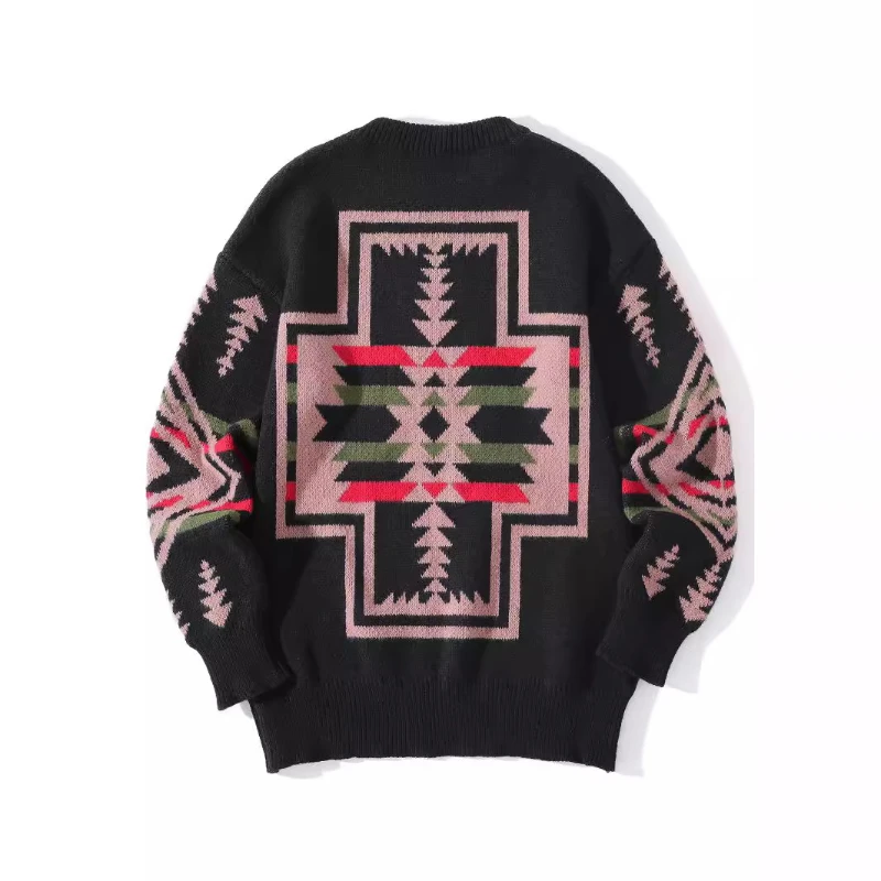 Retro Ethnic Style Sweater for Men Ins American Style Lazy Jacquard Round Neck Sweater Personalized Base Layer