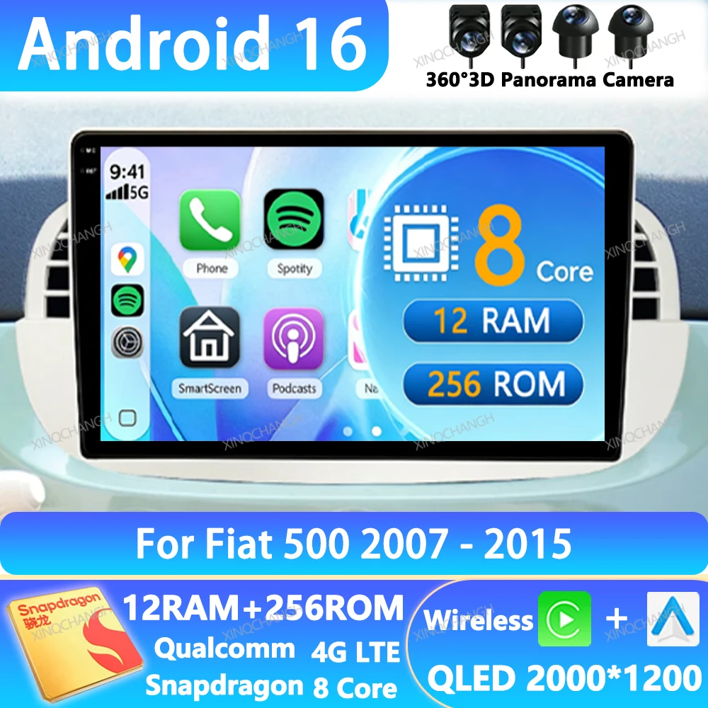 Android 16 Car Radio For FIAT 500 2007 - 2015 Multimedia Video Player 4G LTE 5G WIFI GPS Navigation QLED BT Head Unit 2DIN BT