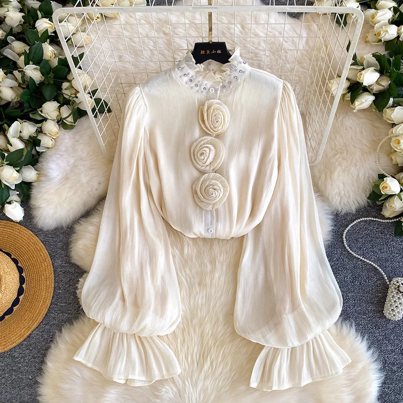 

Весенне-осенняя женская блузка с объемными цветами во французском стиле, модная свободная блузка с длинным рукавом и воротником-лепестком W110