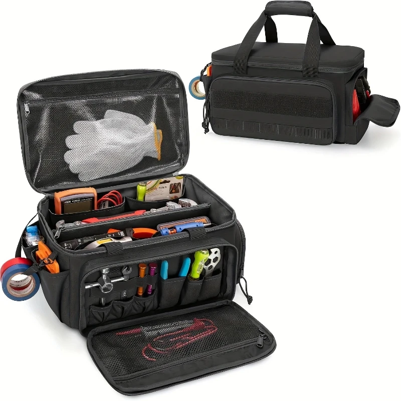 Image of 14'' Schwarze Oxford-Stoff-Werkzeugtasche mit großer Kapazität, robuste tragbare Werkzeugtasche, Aufbewahrungstasche für Elektriker, Holzbearbeitungs-Handtasche