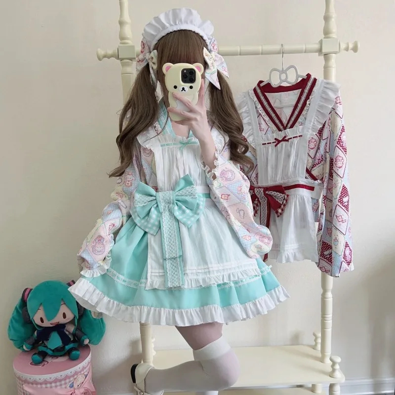 Japanese Sweet Suger Girl Lolita Dresses Cute Heaty Maid Summer Skirt Shirt Apron Bow Tie Sets Jsk Cosplay Outfits Spring Fall
