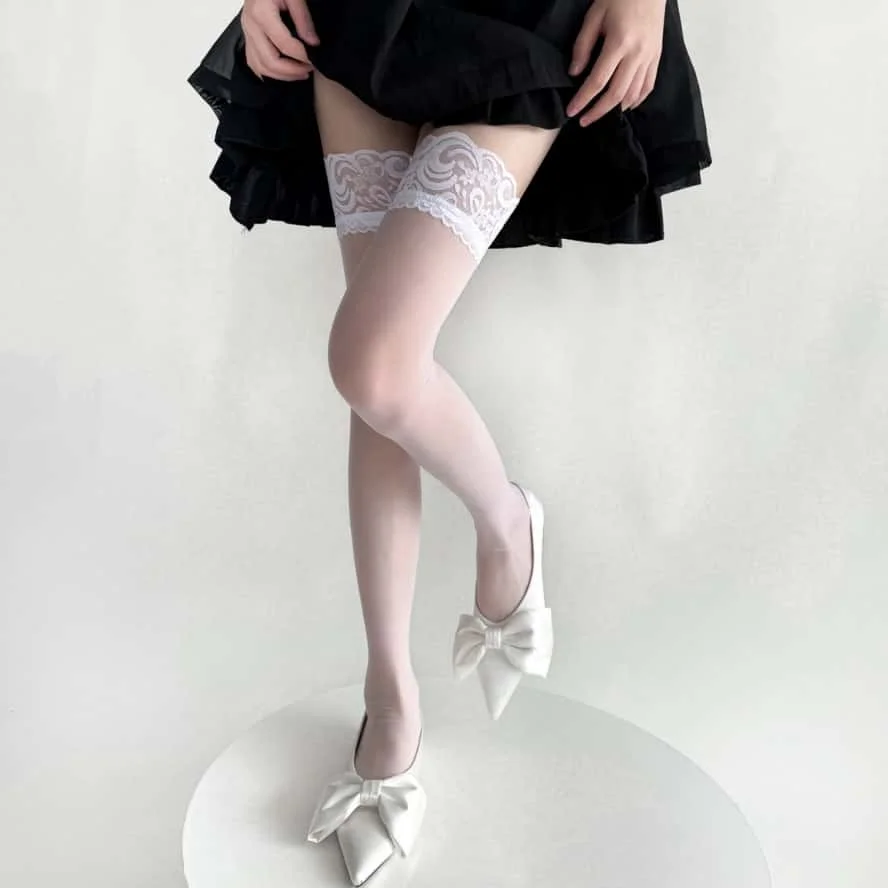 Sweet Girls Lolita Lace Floral Stockings Anti-slip Thigh High Over Knee Thin Silk Black Gothic Long Sock for Woman Plus Size XXL image 4