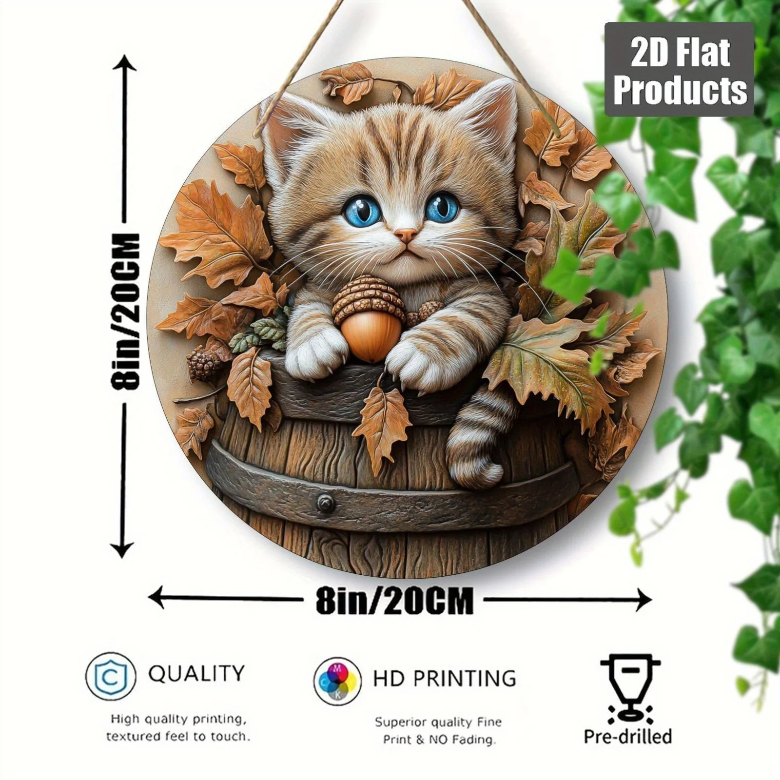 2D Flat, 1pc Adorable Kitten in Autumn Leaves Round Wooden Wall Hanging - 8x8in/20x20cm, Artificial Wood Decorative Plaque for B