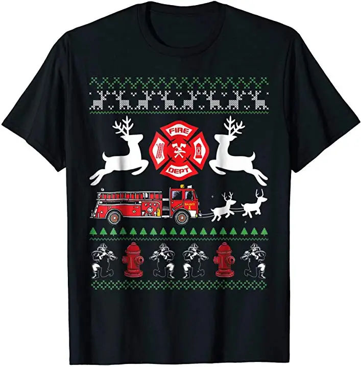 Fire Truck Reindeer Ugly Christmas Sweater Firefighter Gift T-Shirt 100% Cotton O-Neck Summer Short Sleeve Casual Mens T-shirt