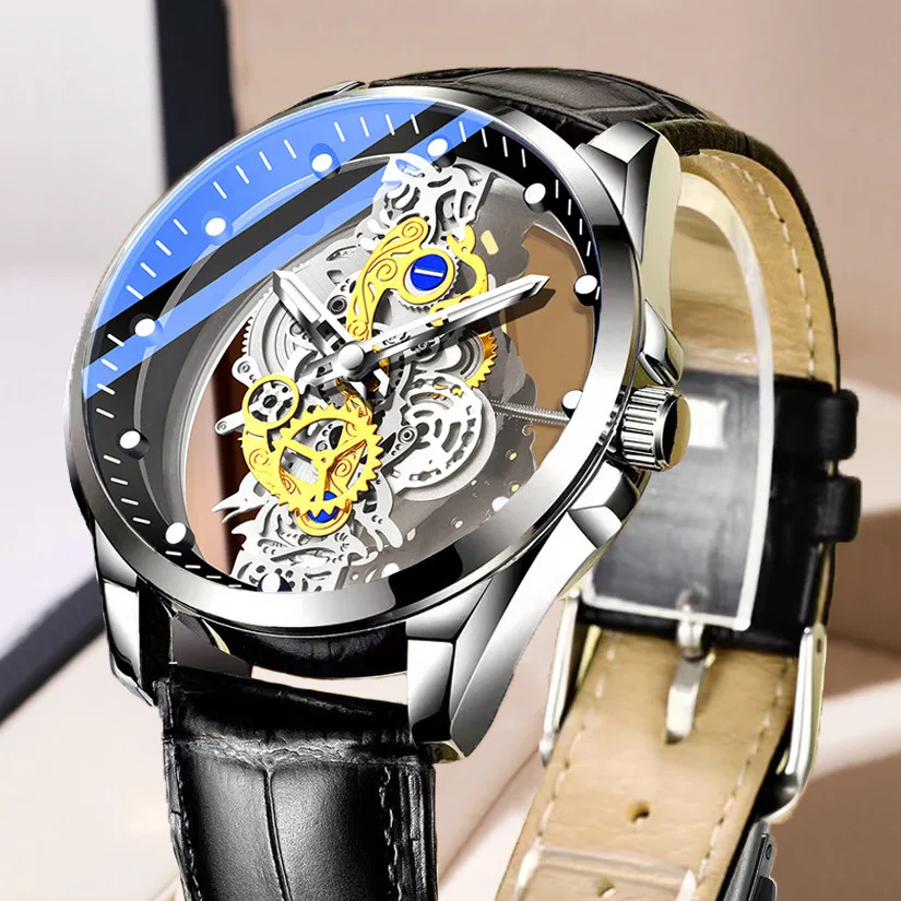 1pc Men's Transparent Double-sided Hollow Quartz Watch, Waterproof Glow Watch, Ideal Choice For Gifts