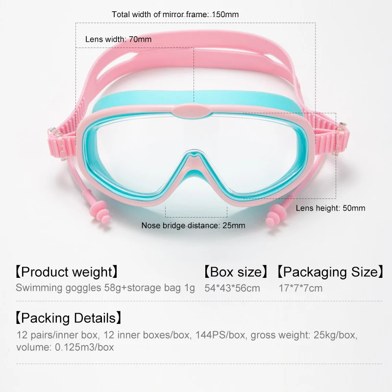 Lunettes de natation à grand cadre pour enfants, avec bouchons d'oreille, anti-buée, pour garçons et filles, pour piscine et plage