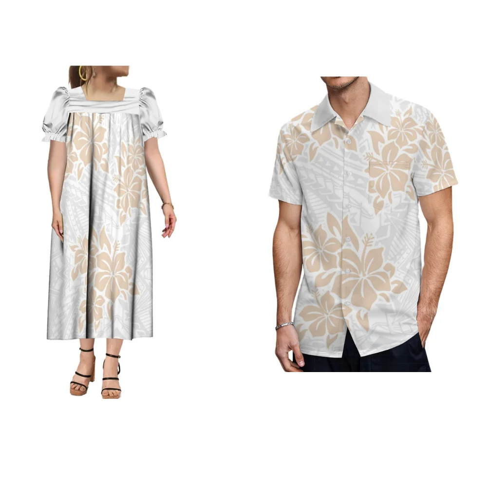 

Custom Polynesian Men's Shirt With Couple Suit Women's Dress Low Cut Puffed Sleeves Design Loose Casual Dress