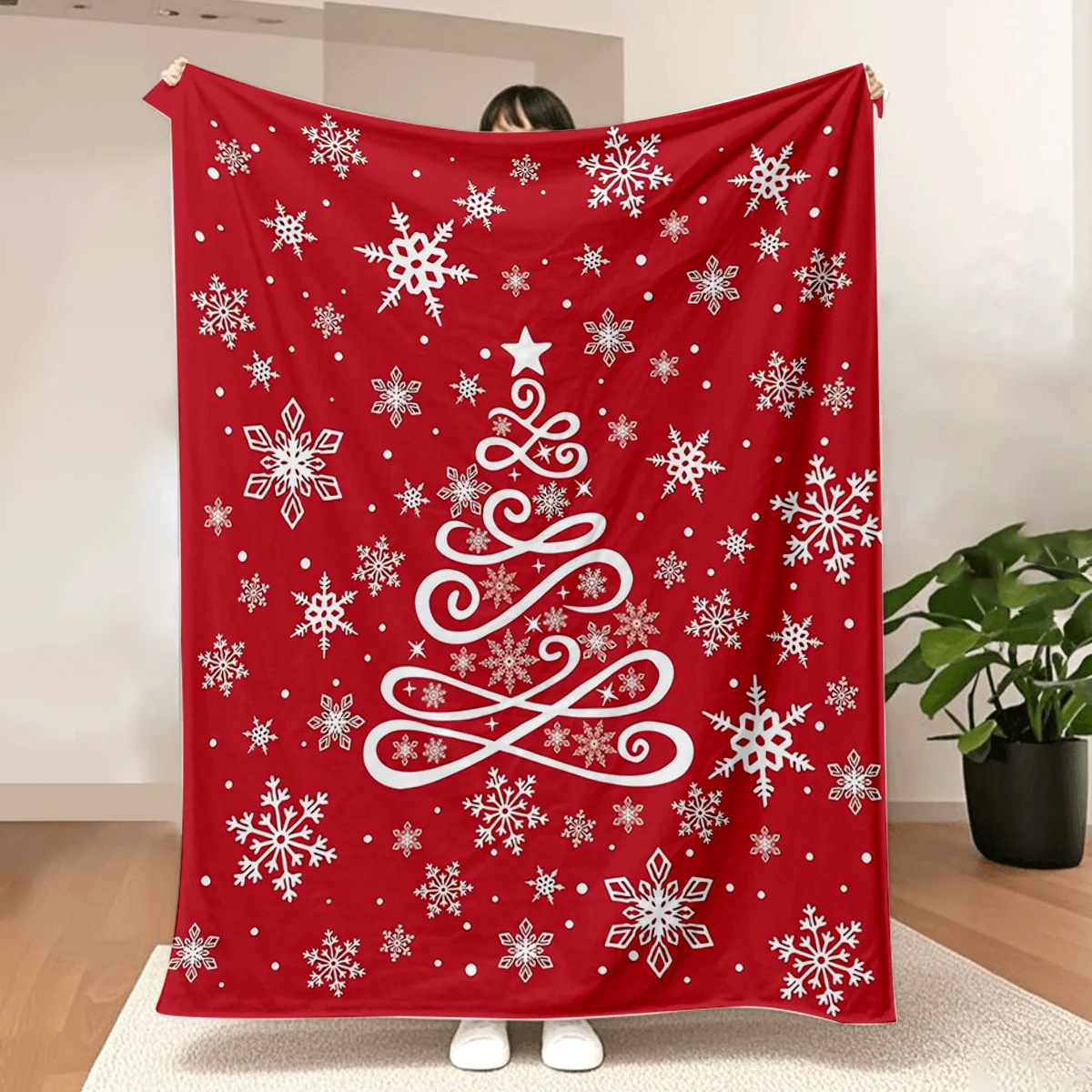 Weihnachtsbaum-Überwurfdecke aus rotem Flanell, Weihnachtsschneeflocken-Geburtstagsgeschenke für Männer und Frauen, weiche Winterdecken für die Bettwäsche