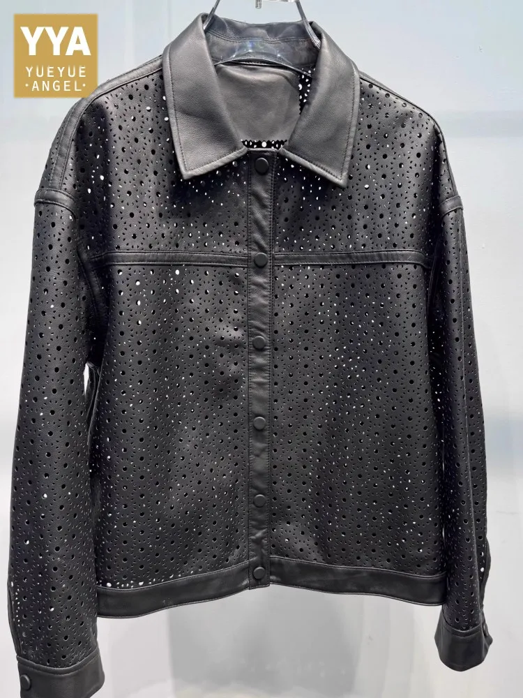 Neue Designer Frauen Aushöhlen Schaffell Echtes Leder Jacke Lose Fit Einreiher High Street Outwear Mantel Vintage Jacke