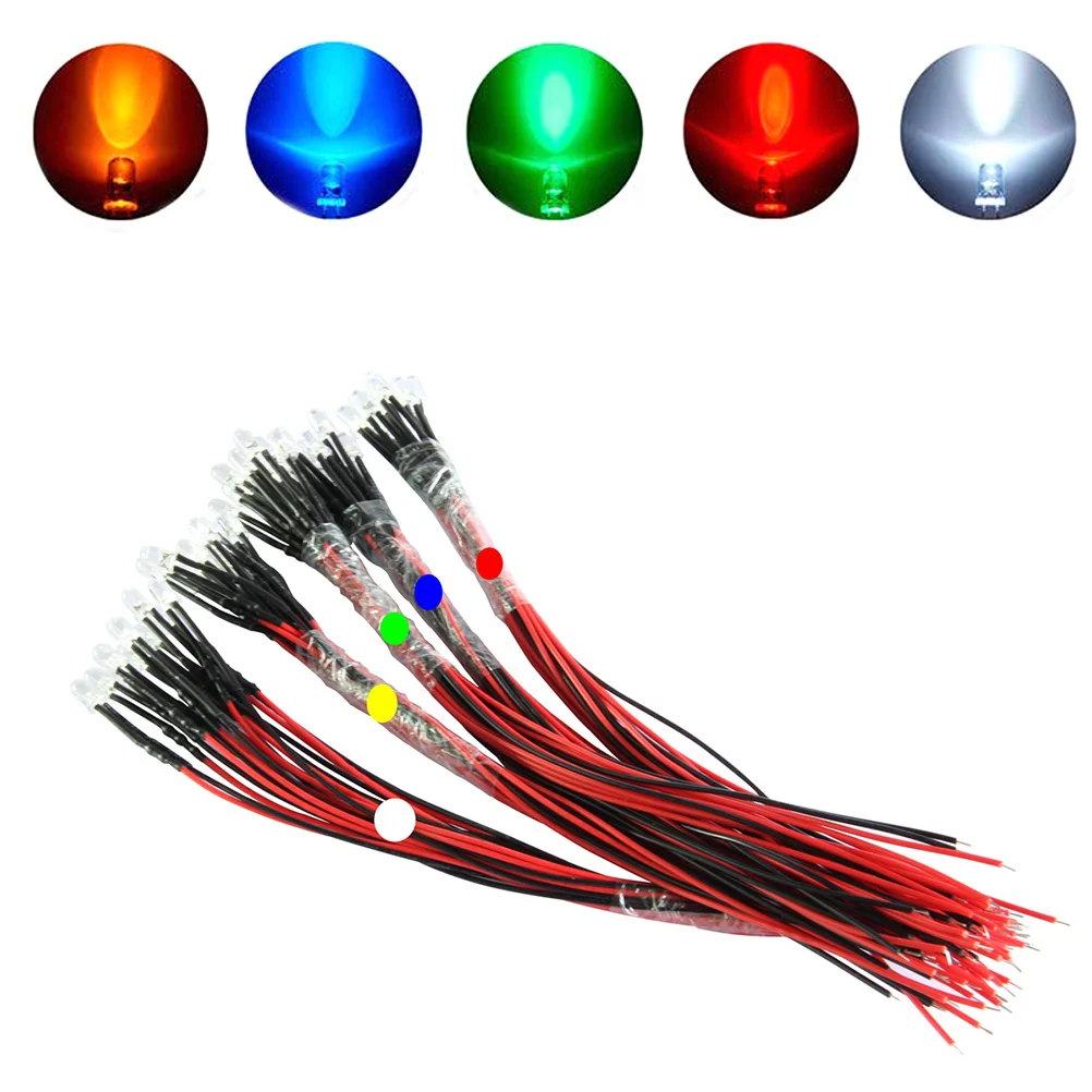 

50Pcs LED Diode Lights 5 Colors White Red Green Blue Yellow Flexible Cable 5mm Lamp Beads for Car Boat Industrial Camera DIY