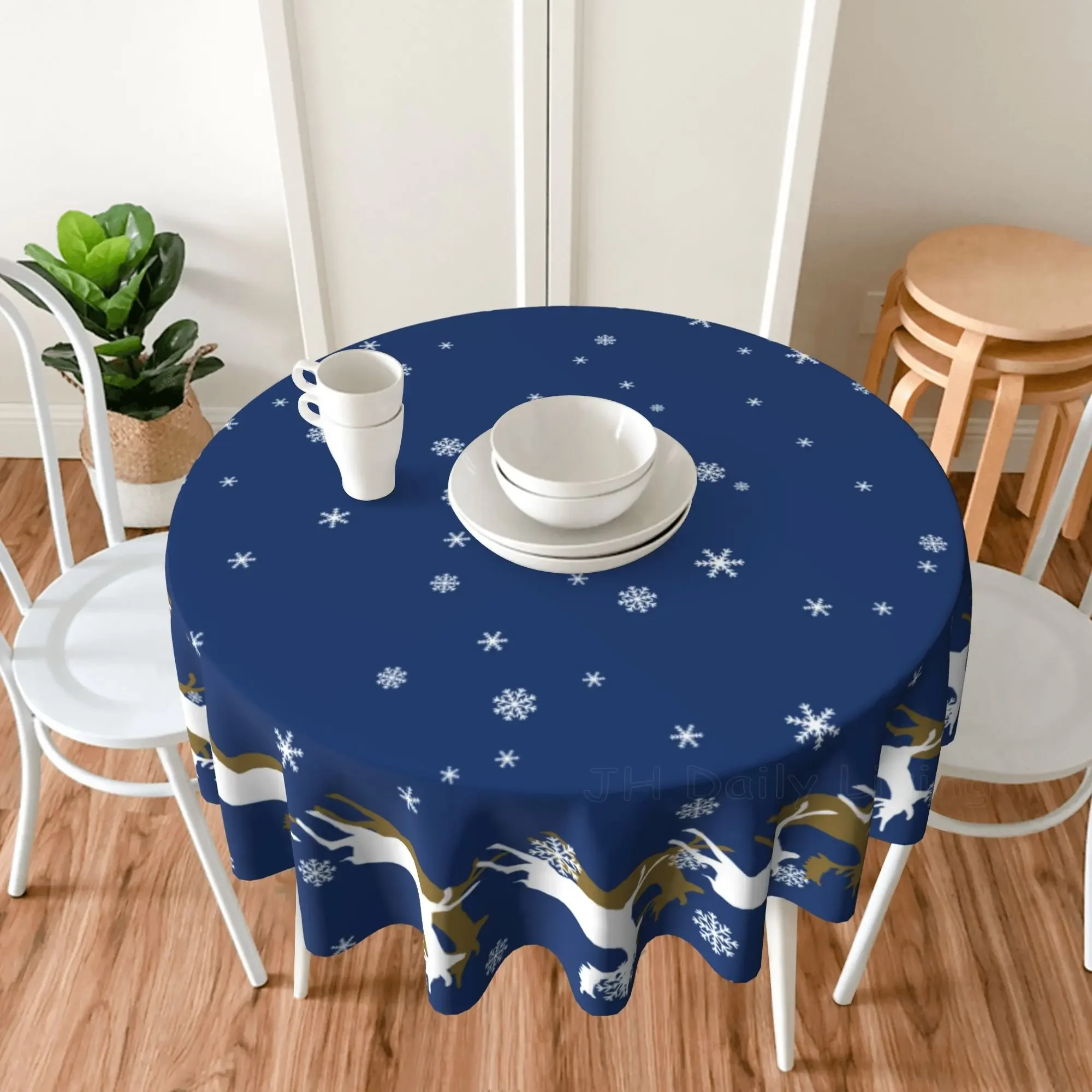 Christmas Cute Deer and Snowflakes Print Table Cloth Round Tablecloth 60 Inch Banquet Table Cover for Home Party Picnic Dinning