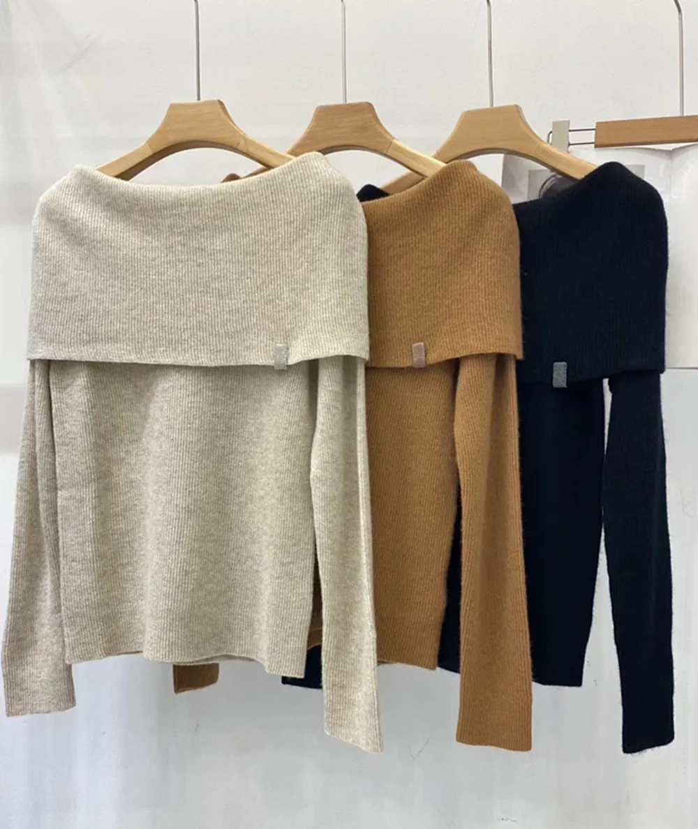 Cashmere Sweater with Shawl Collar and Chain, Knitted Pullover, Casual Bottoming Shirt, Autumn and Winter