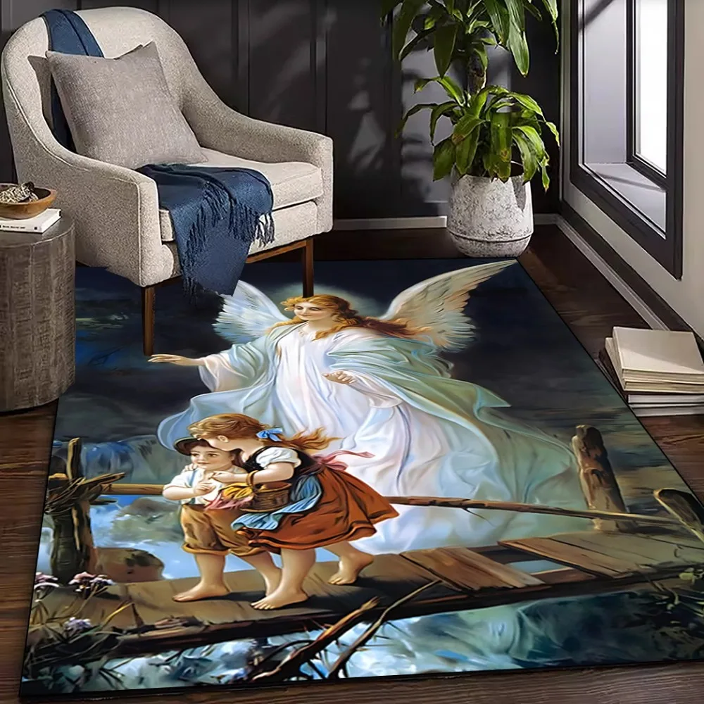 Exquisite Angel Print Area Rug, Large Christmas Decor Floor Mat for Bedroom Living Room Game Room, Stylish Indoor Outdoor Carpet