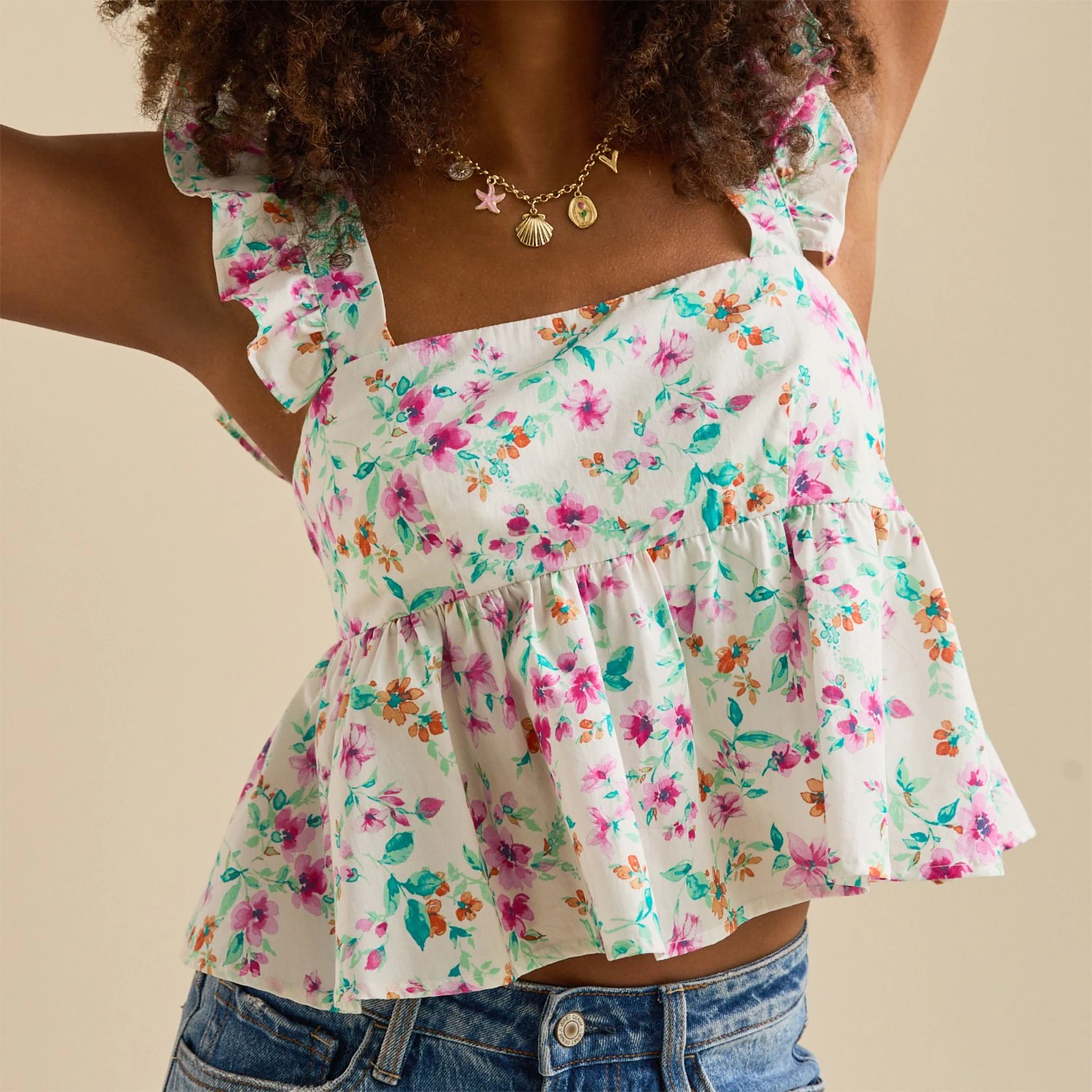 

Y2K женские топы на бретелях с бантом и аппликацией с цветочным принтом, укороченный жилет с развевающимися рукавами и квадратным вырезом, уличная одежда на лето, повседневная одежда