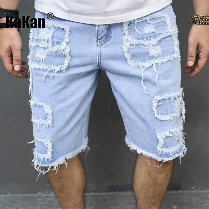 Kakan - New European and American Distressed Tassel Jeans for Men, Blue Casual Shorts and Capris K9-519