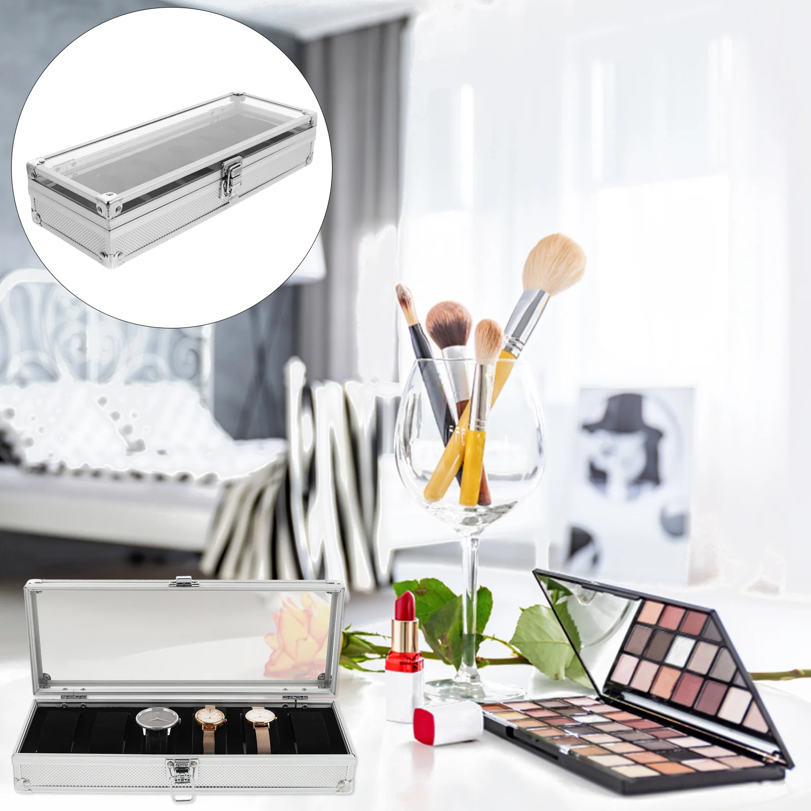 1Pcs Aluminium Watch Storage Box 5 Watches Transparent Window Lock Design Jewelry Organizer Silver Watch Box Jewelry Organizer