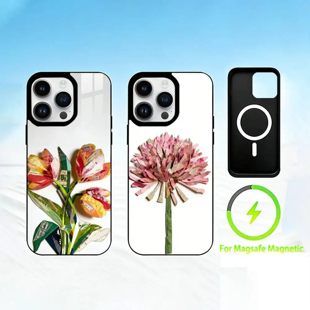 

N-Newspaper art flower Phone Case For iPhone 17 16 15 14 13 12 Pro Max Plus for Mirror Wireless Magnetic Cover