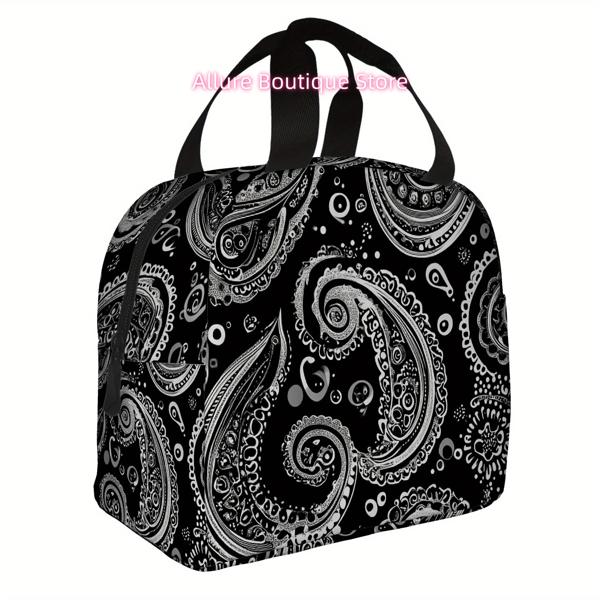 1pc, Black and White Paisley Pattern Background. Printed Thermal Bag, Insulation Bag, Insulated Bag. Not for Food Contact. Suita