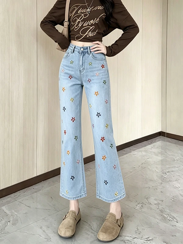 

High Waist Flared Jeans Women's Embroidered Floral Print Design Summer Slimming Versatile Nine-Piece Pants