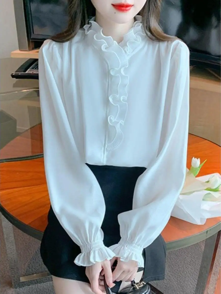 エレガントな長袖シフォンシャツ-レディース-春2025年初春ファッションデザイン-木製エッジトリム-ツーピースセット-ハイエンドニッチ