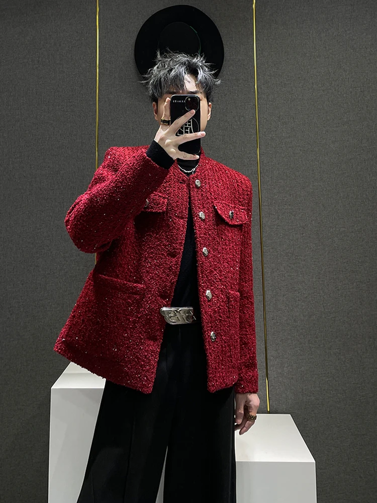 

Autumn New Arrival Red Tweed Pad oulder Jaet for Men Luxury Sensation Youthful ular Long Sve Outerwear