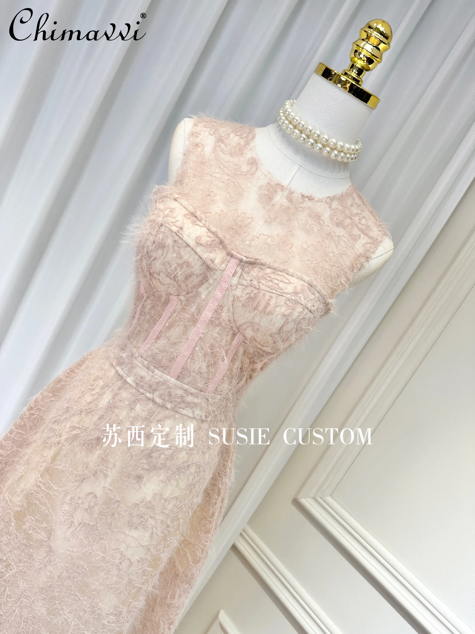 French Sweet Slightly Transparent Woven Flower Fringed Fluffy Sequined Women's Dress Autumn New Fashion 3d Chest Pad Long Dress