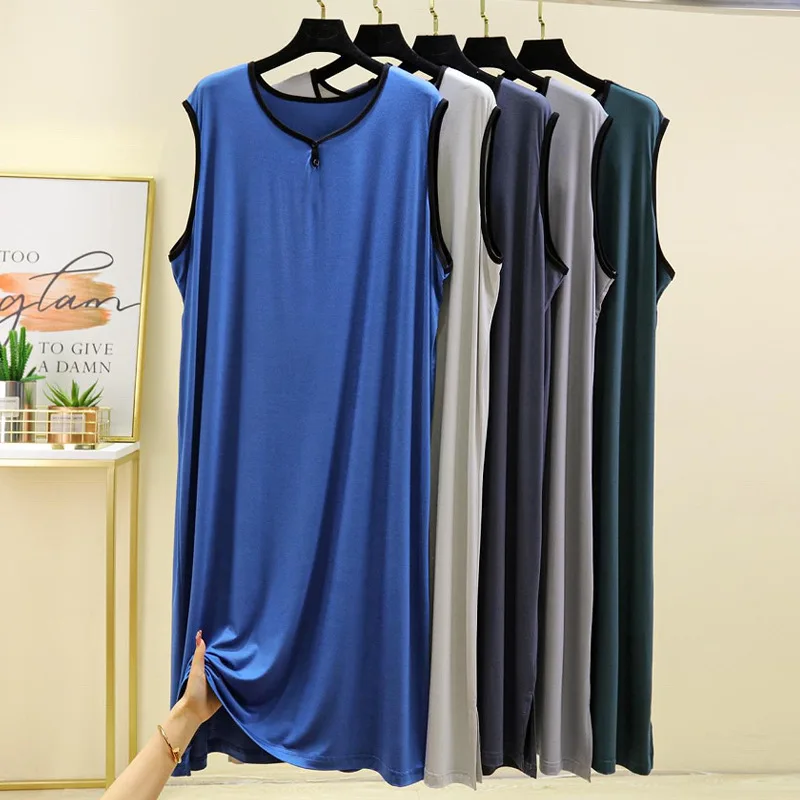 

Summer Nightgown Women Modal Pajamas Nightdress Loose Plus Size Homewear Sleeveless Vest Dress Blue Nightwear 110KG Wearable