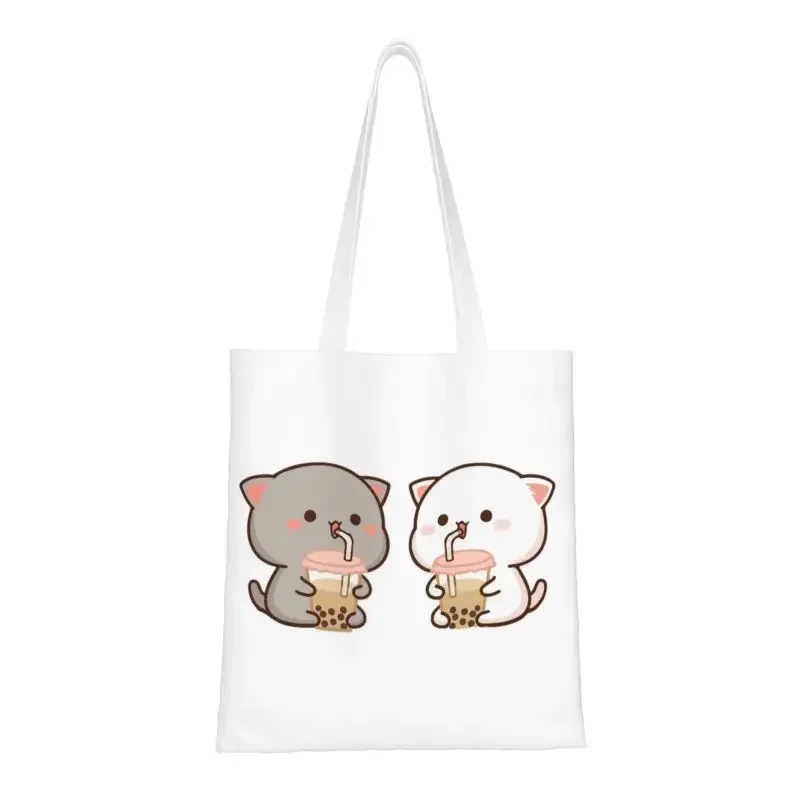 Custom Recycling Peach And Goma Mochi Shopping Bag Canvas Shoulder Tote Bag Washable Funny Couple Cat Grocery Shopper Bags