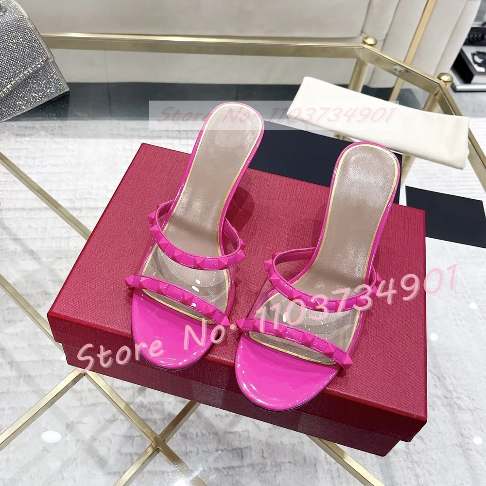 Sandal Wedges Pvc keling logam sepatu ujung runcing bening kulit domba kulit asli wanita sepatu hak seksi modis kasual wanita