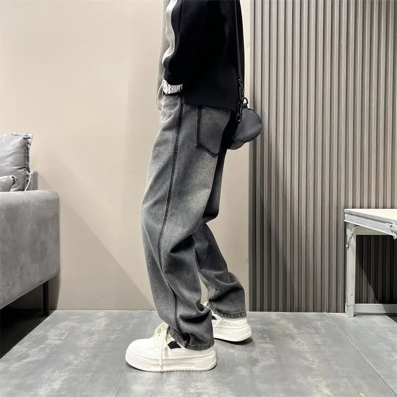 Luxury Men 2026 New Blue Men's Jeans Trendy Washed Retro Splicing Design Loose Wide-leg Streetwear Cargo Baggy Trousers