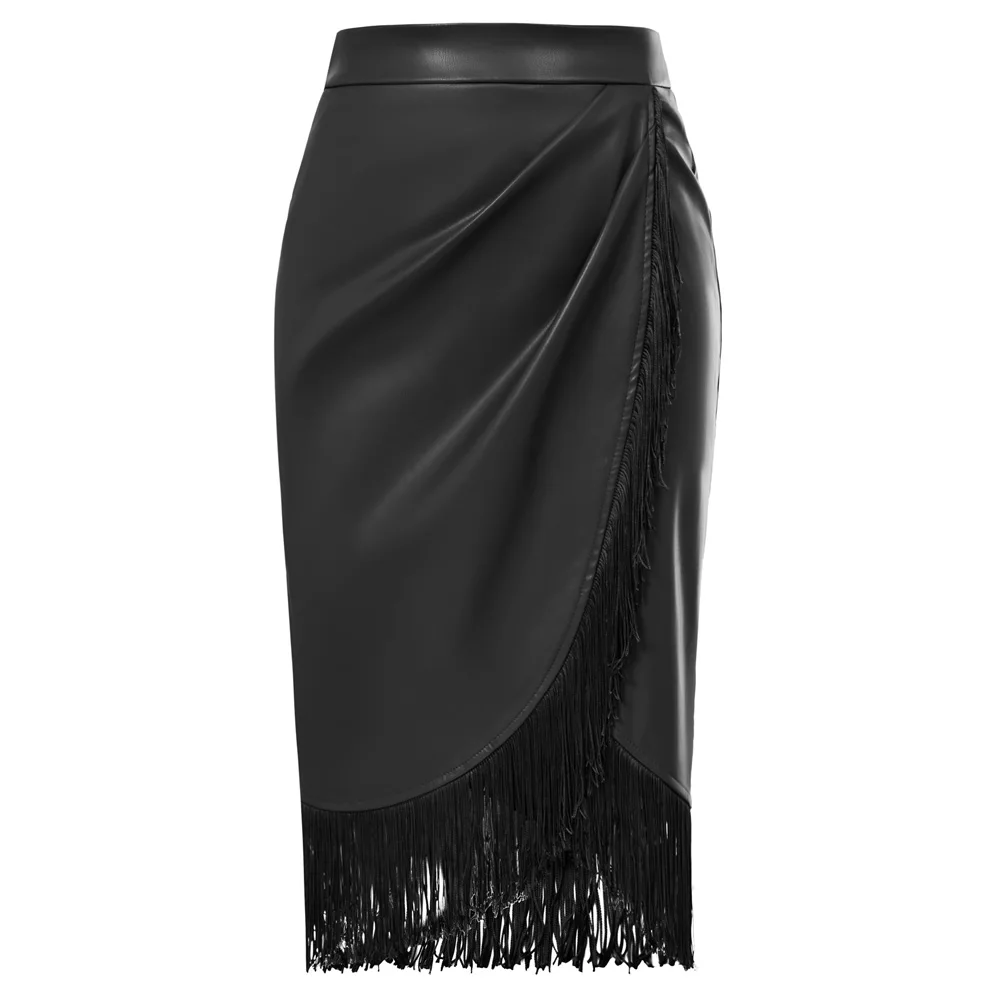 

BP Women's Skirts High Waist Irregular Wrap Hem PU Leather Skirt Vintage Fashion Summer Tassel Decorated Bodycon Skirt