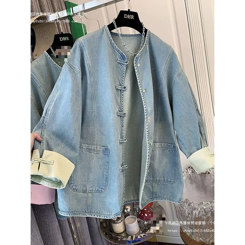 Jeans Jas Vrouw Herfst 2024 Nieuwe Retro Nieuwe Chinese Stijl Gesp Nep Twee Wild Plus Size Losse Casual Mode Tops Vrouwen Jas