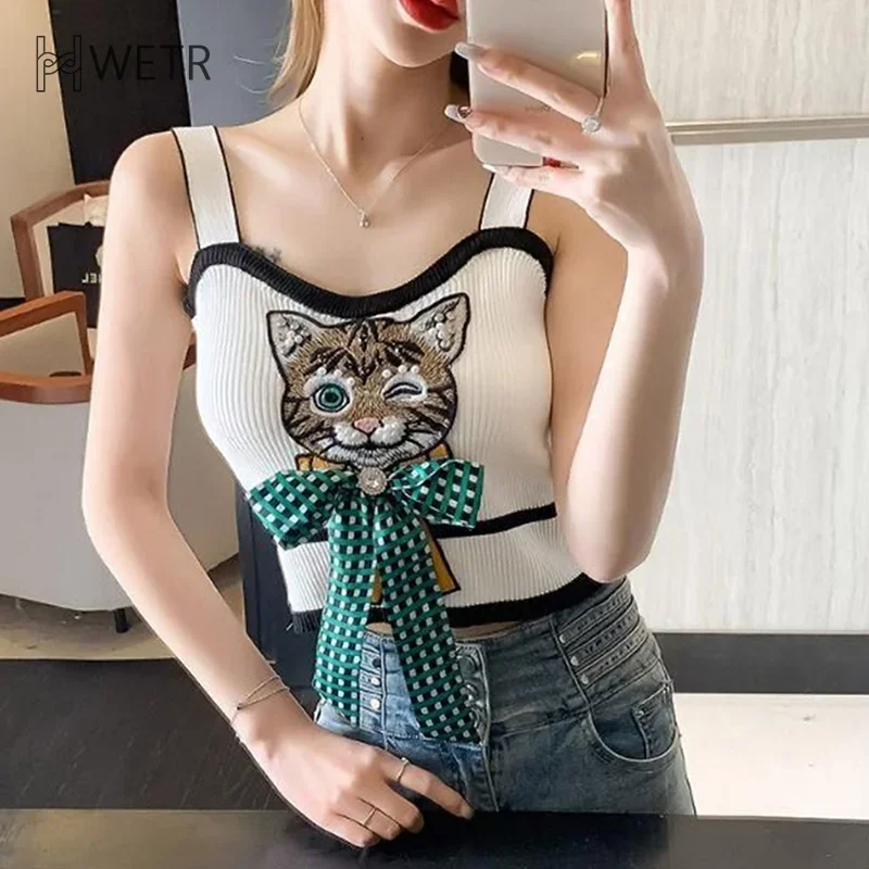 2024 New Spring Summer Women lavorato a maglia ricamo senza maniche Crop Top Animal Cat Pattern Slim Vest Bow Top donna