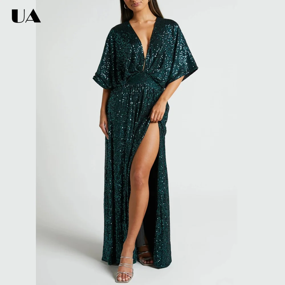 

ULBYANRY Customized Sequins Waist-chiching Prom Dress, Sexy V-neck High-slit Evening Dress, Fashionable Solid Cutout Party Dress