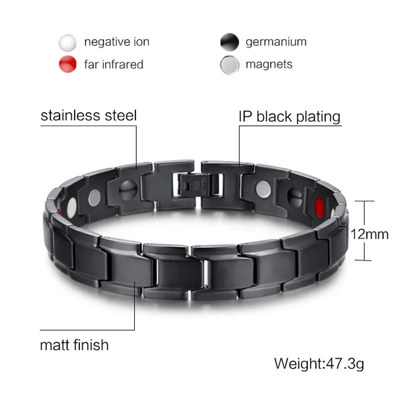 Vnox Health Bracelet Men Jewelry Black Stainless Steel Chain Adjustable free box