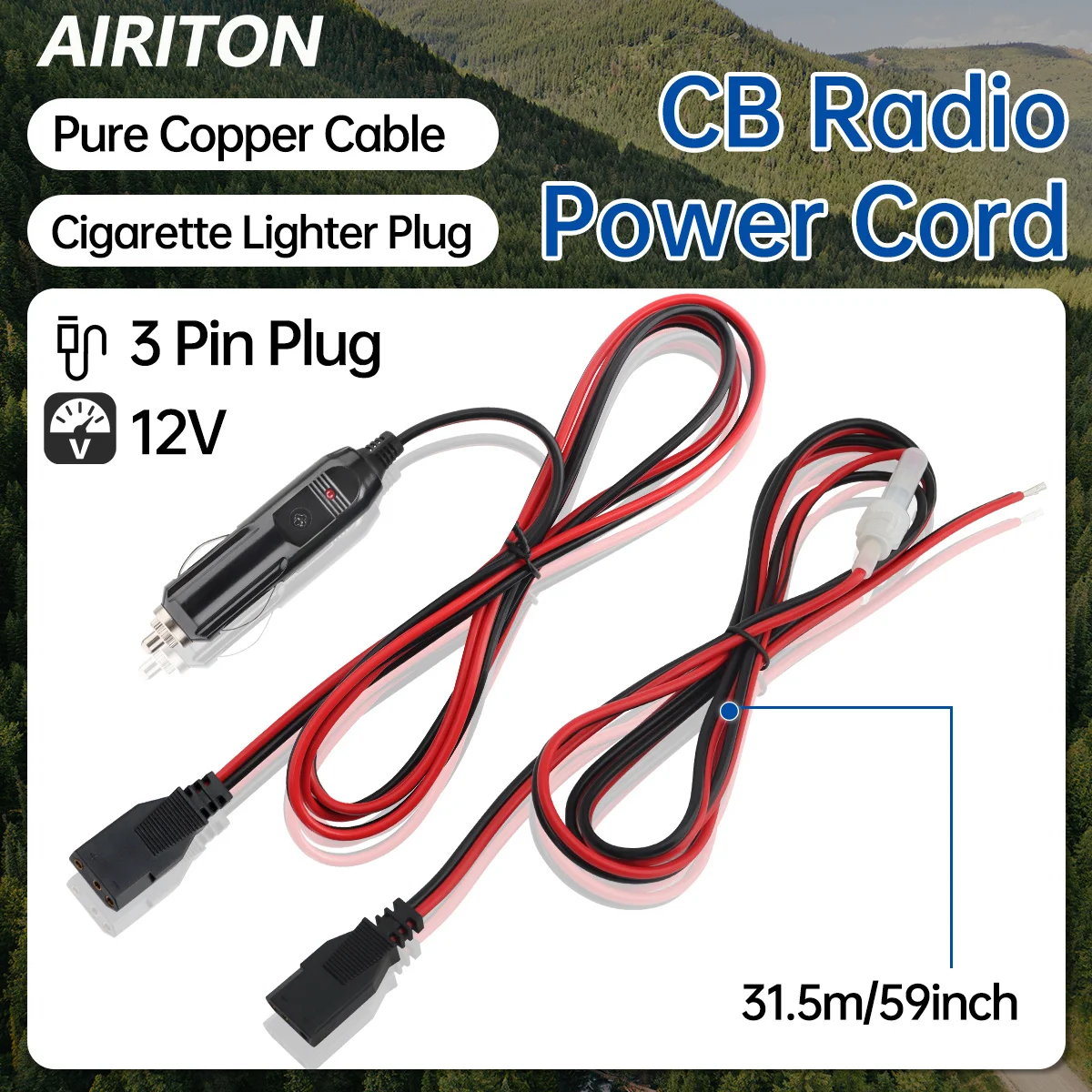 

CB Radio 3-Pin Plug Power Cord 2-Wire Cable 15M/59Inch With 12V Cigarette Lighter for 880FM Cobra 25 PC78LTX GMRS Mobile Radio