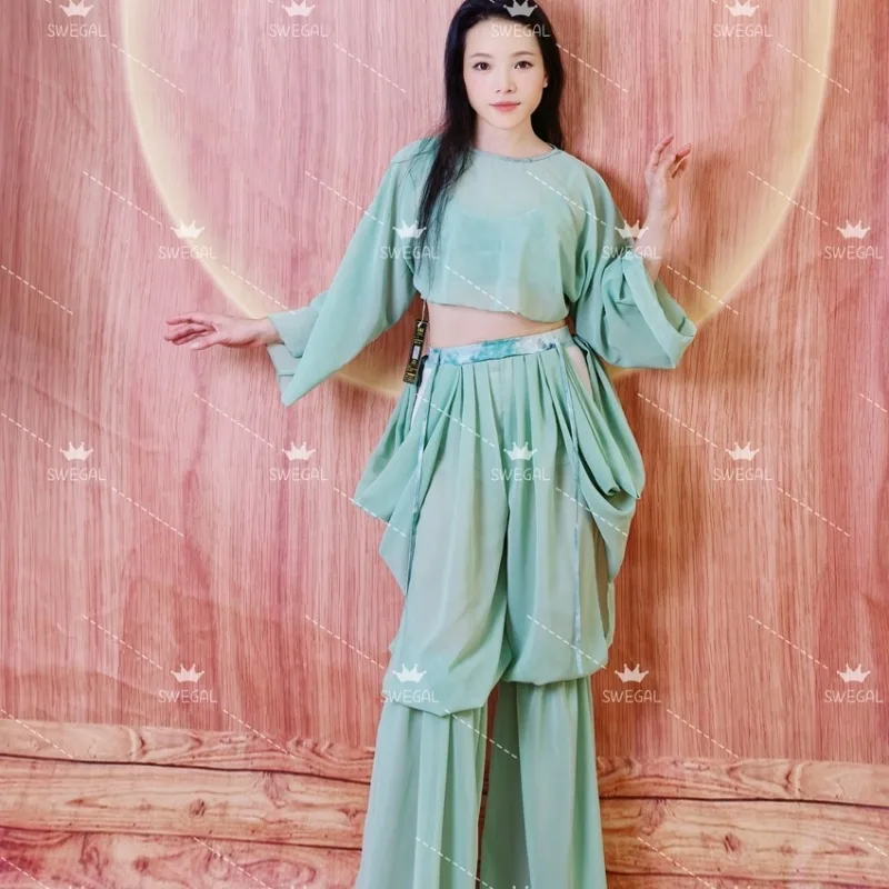 مخصص swegal 4 قطع ملابس الرقص الشرقي ممارسة الرقص الشرقي زي الشيفون فانوس السراويل الشرق الأوسط زي المياه الخضراء