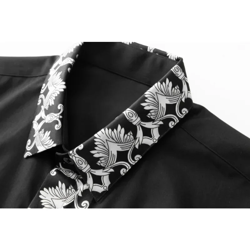 New Arrival Spring Flowers Black and White Color Contrast Men's Slimming Long Sleeve Shirt Fashionable Cotton Simple Size M-4XL