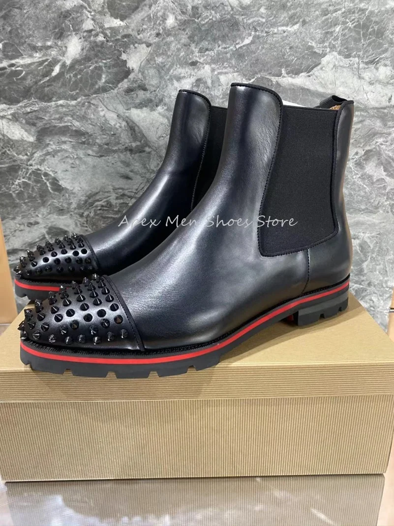Rendy Round Toe Rivet Men\'s Chelsea Boots Autumn Winter Versatile Low Heel Leather Non Slip Handmade Shoes Vintage Men Boots