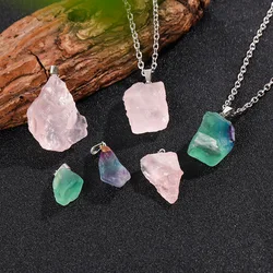 1Pc Natural Green Fluorite Raw Stone Pendant Rose Quartz Healing Crystals Irregular Gemstone Rough Necklace with Alloy Chain