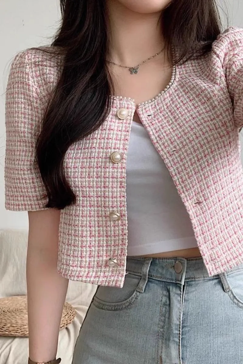 Summer New Vintage Fragrant Coat Coarse Tweed Short Sleeve Women\'s Single Breasted Short Tops