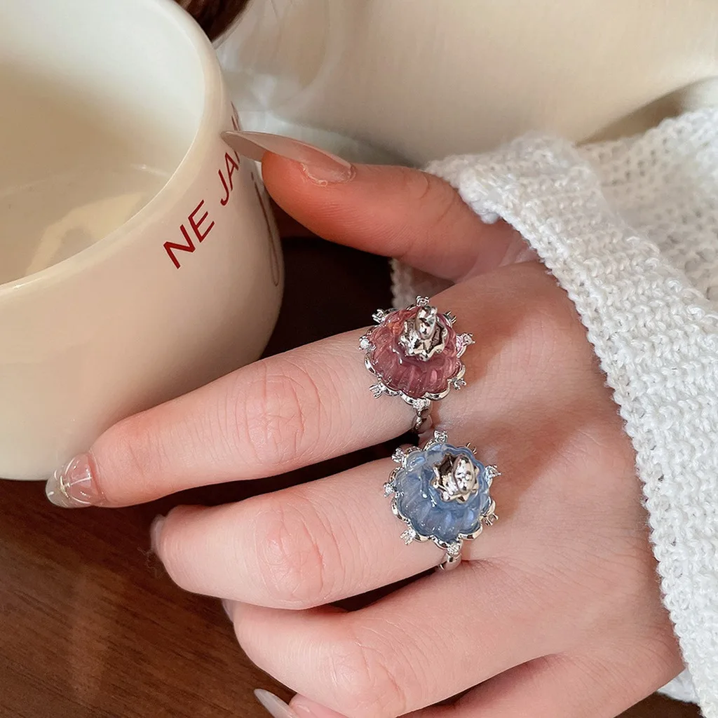 Cute Pink Blue Pudding Shaped Resin Rings for Women Inlaid Zircon Index Finger Ring Dating Banquet Jewelry Gifts Girlfriend