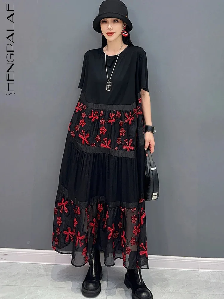 

SHENGPALAE Short Sleeve Women's Dress 2024 Summer Spring New Spliced Embroidered Lace Loose Casual Elegant Female Robe 5C1003