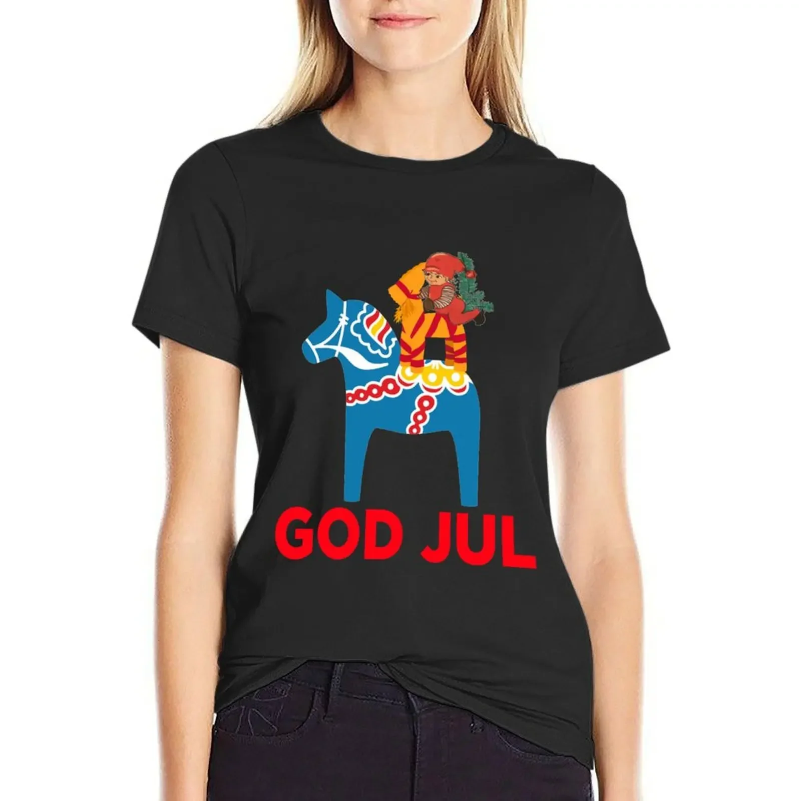 

God Jul Merry Christmas Dala Horse Tomte Julbock Straw Goat T-Shirt new edition Blouse summer top t shirts for Women loose fit