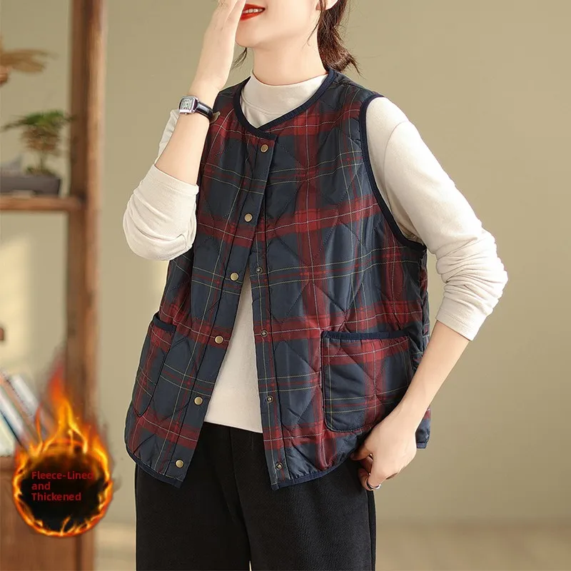 

Warm Fce Lined ort Women's Vest Autumn Winter Plaid Sle Slim Fit Faionable Commute round Ne Single Button Closure